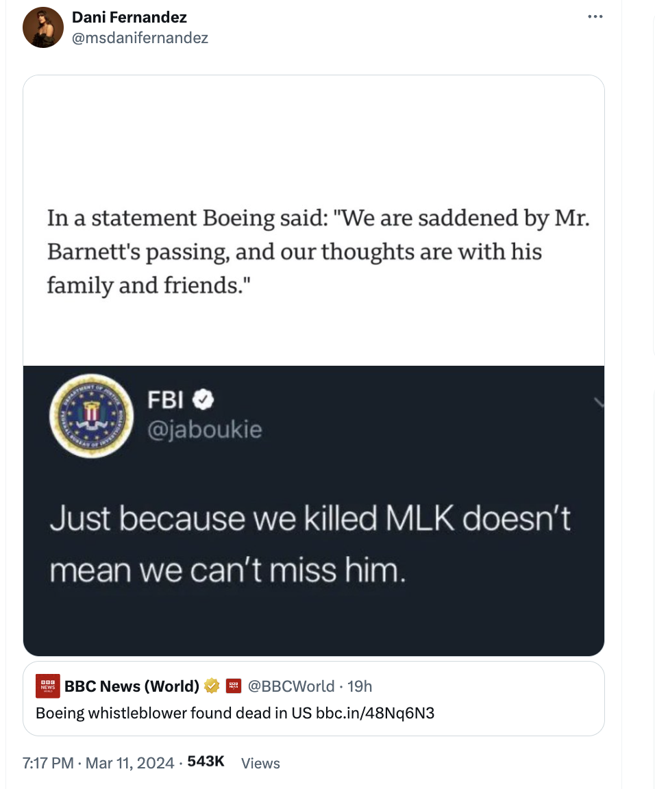 software - Dani Fernandez In a statement Boeing said "We are saddened by Mr. Barnett's passing, and our thoughts are with his family and friends." Fbi T Just because we killed Mlk doesn't mean we can't miss him. 203 News Bbc News World 19h Boeing whistleb